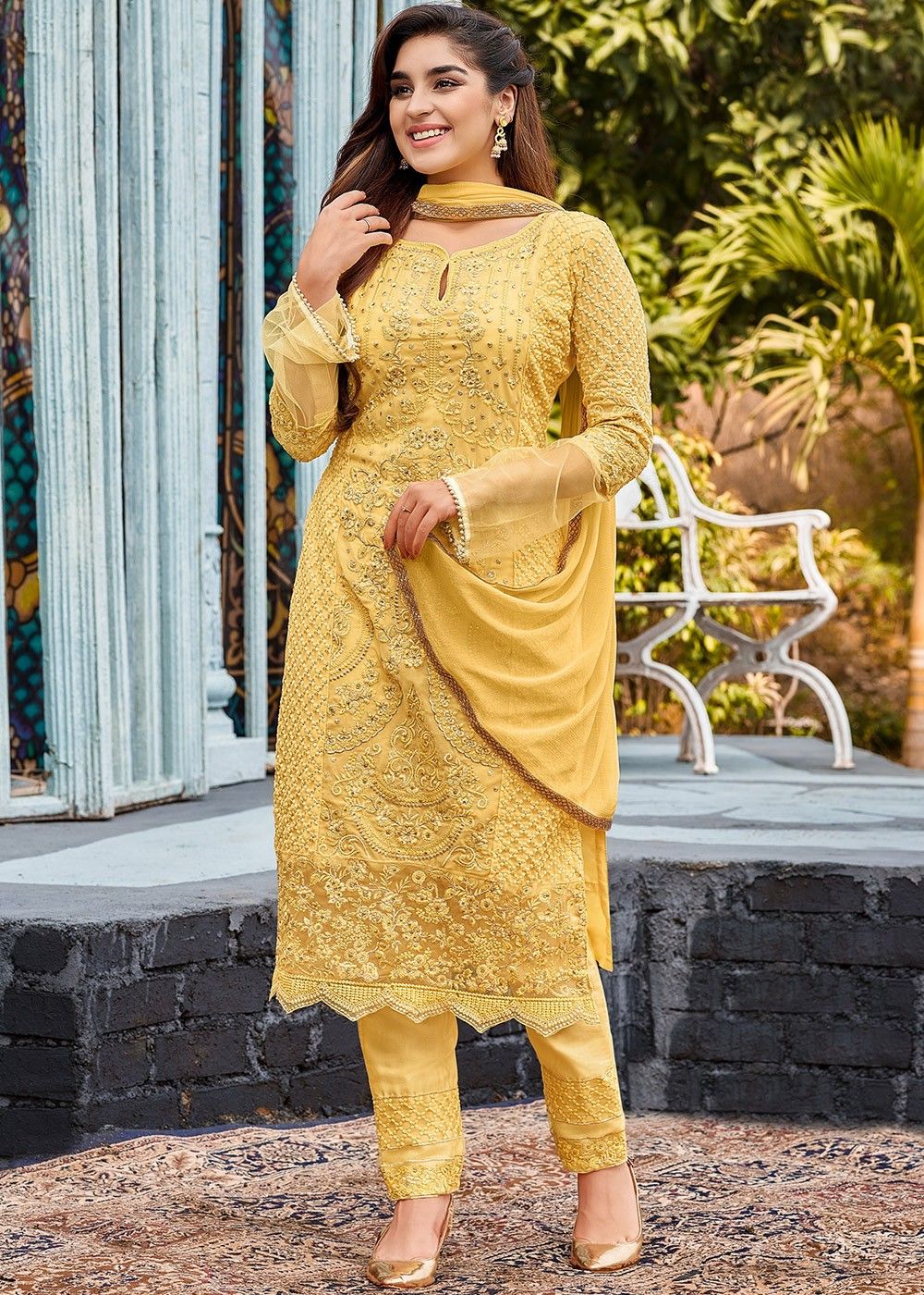 Yellow Embroidered Pant Style Suit In Georgette 4112SL02