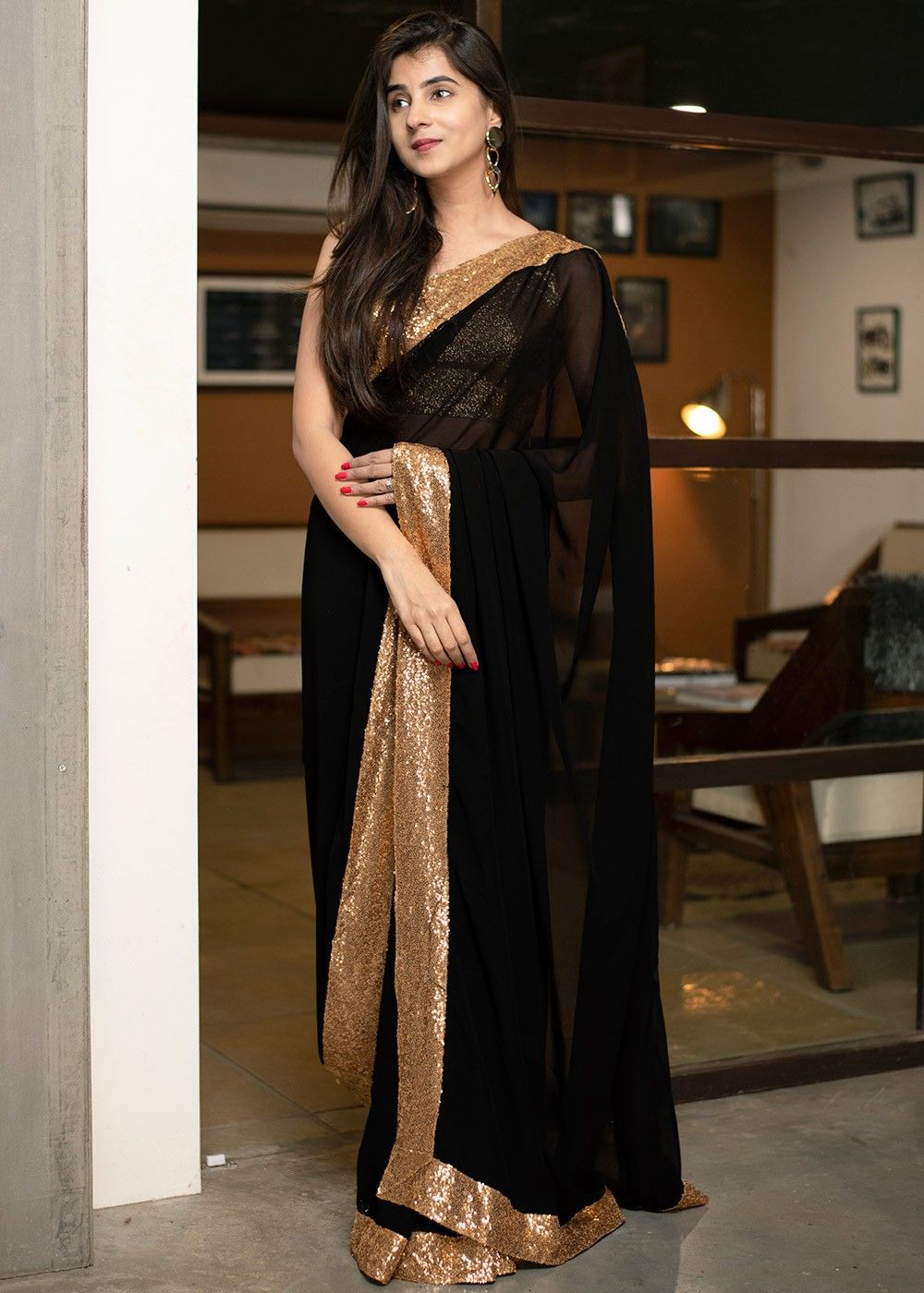 Black Sequined Georgette Saree For ...