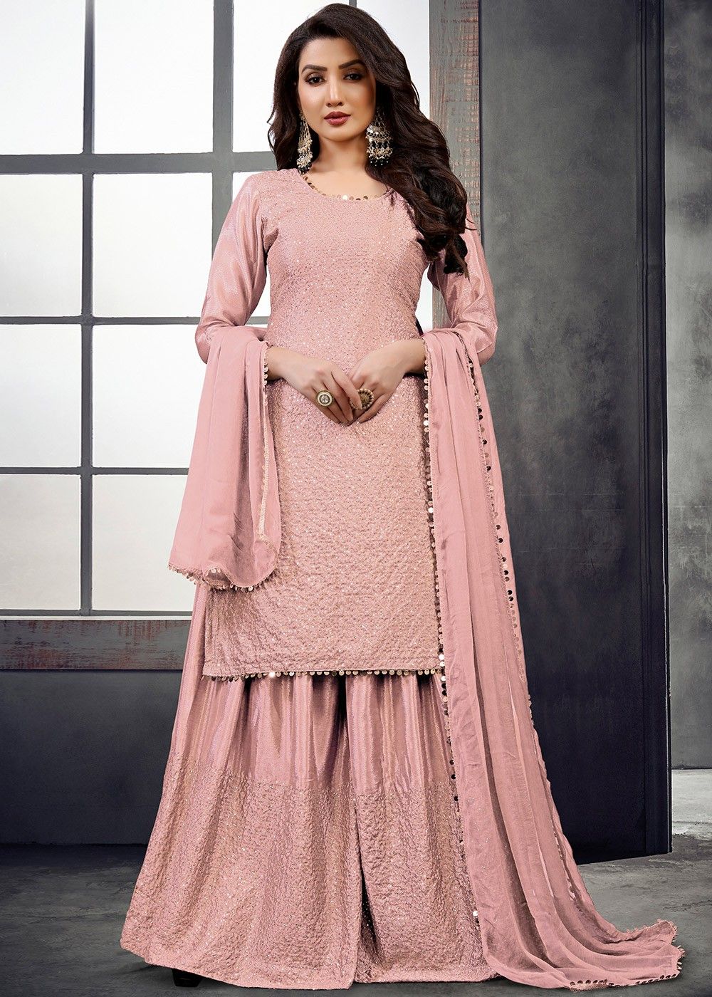 Sequins Embroidered Pink Sharara Suit ...
