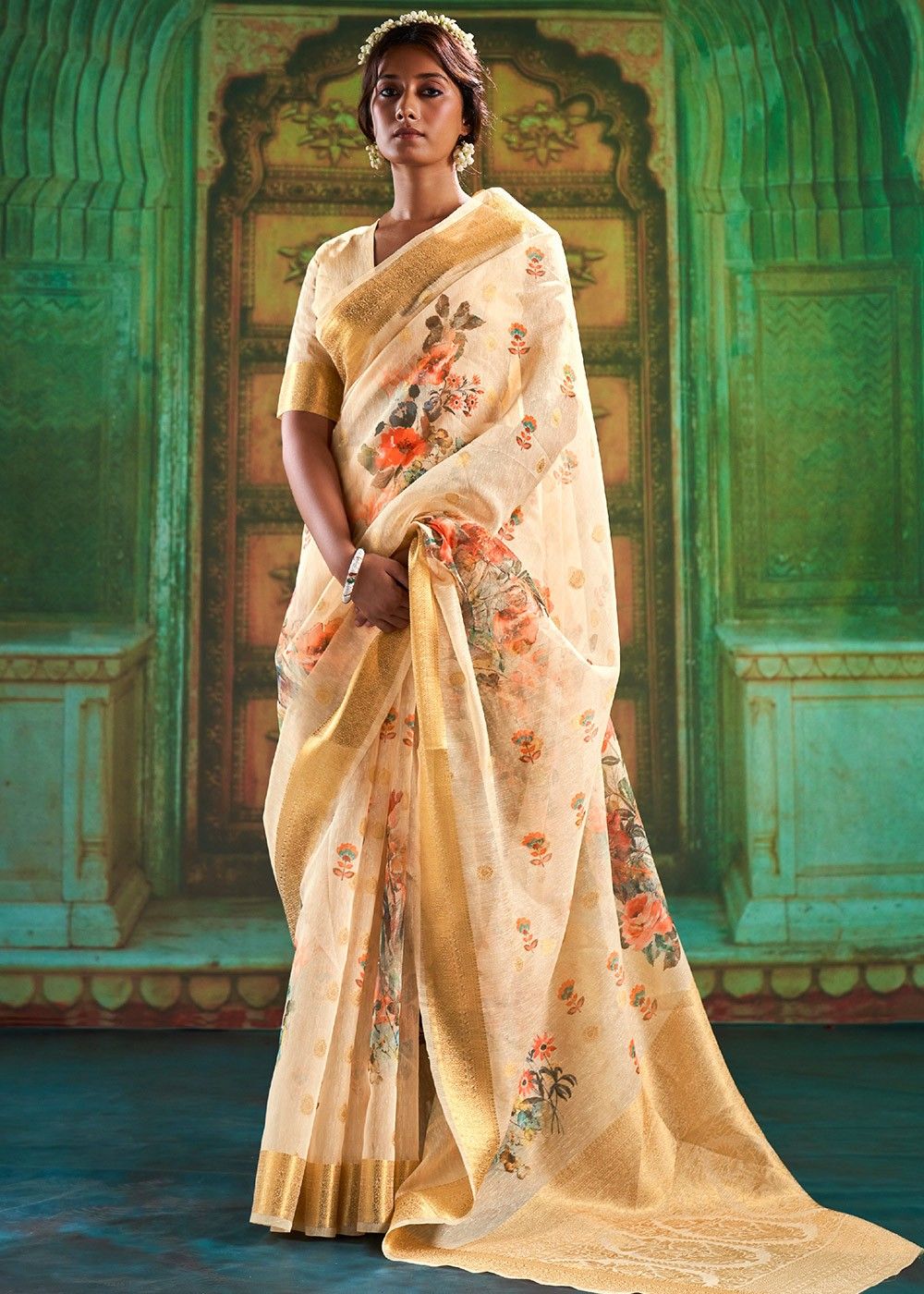 Cream & Magenta Pure Kanchipuram Handloom Silk Saree – Palam Silks