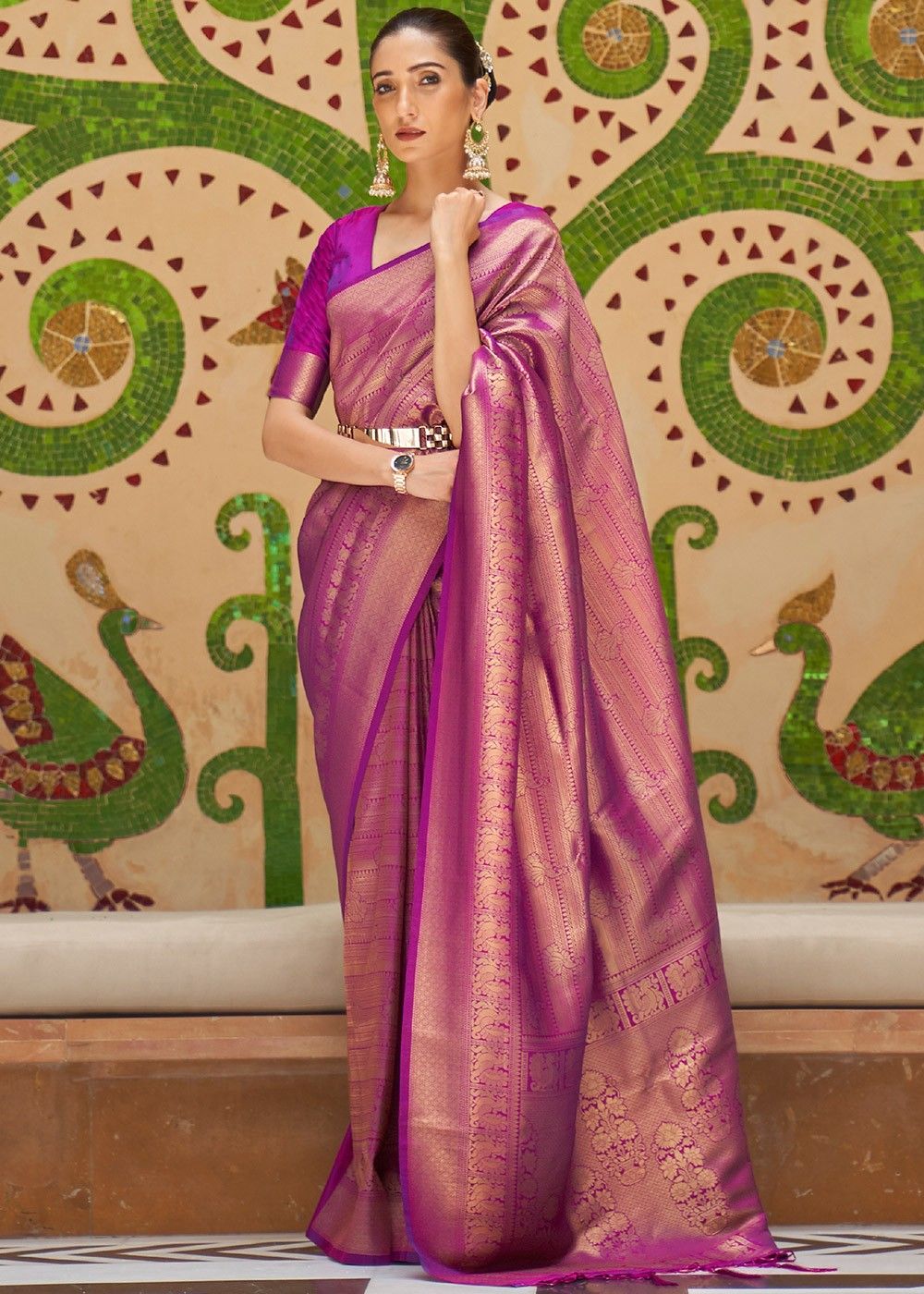 Indian Purple Weaving Zari Work Bollywood Sari Kanjivaram Silk Party Wear Saree 