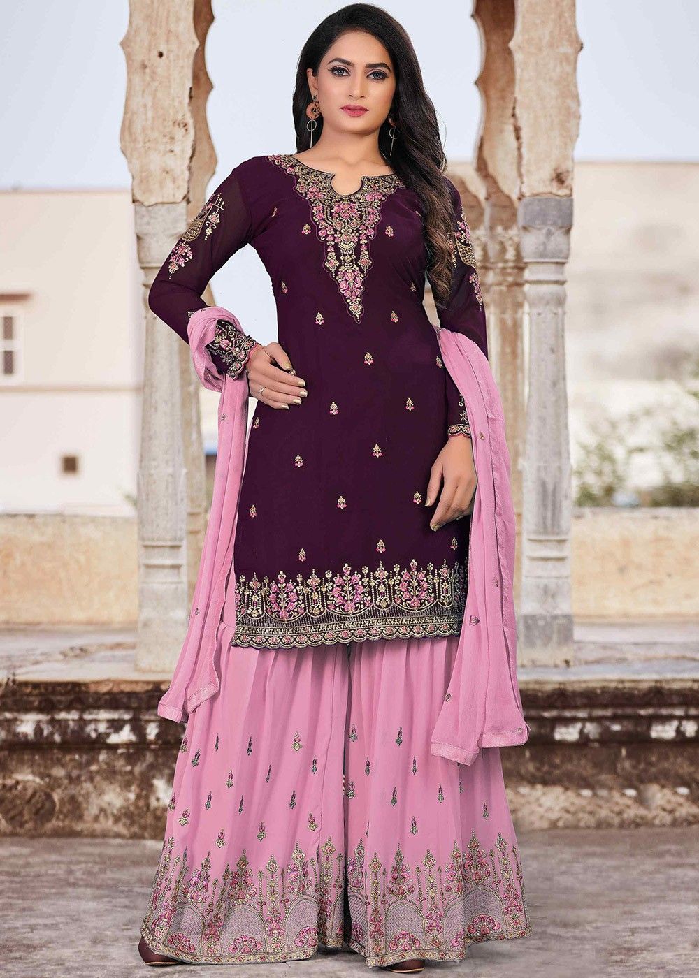 Purple Embroidered Sharara Suit In Georgette Latest 4158SL04