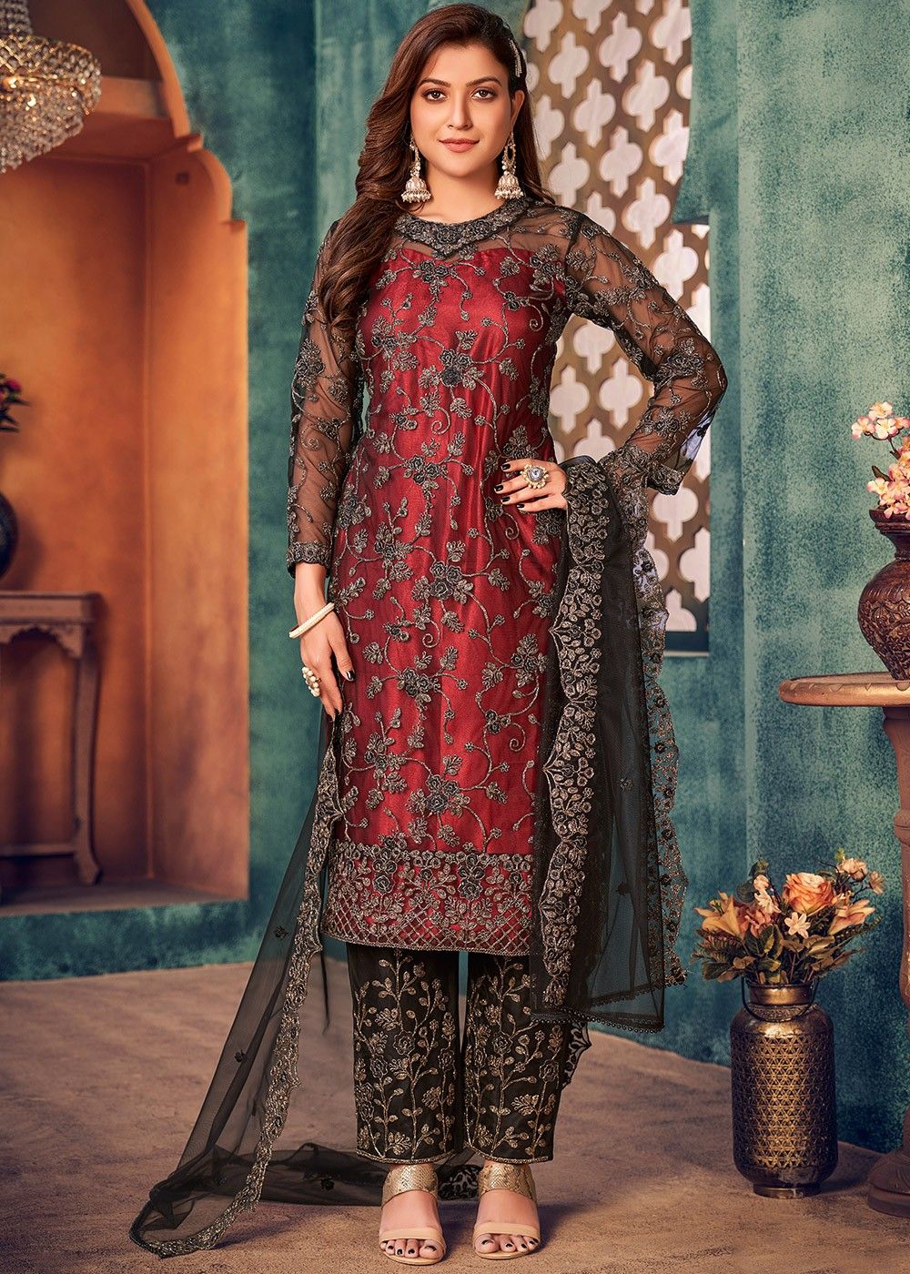 Traditional Wear Maroon Color double Sequence Salwar Suit – Amrutamfab