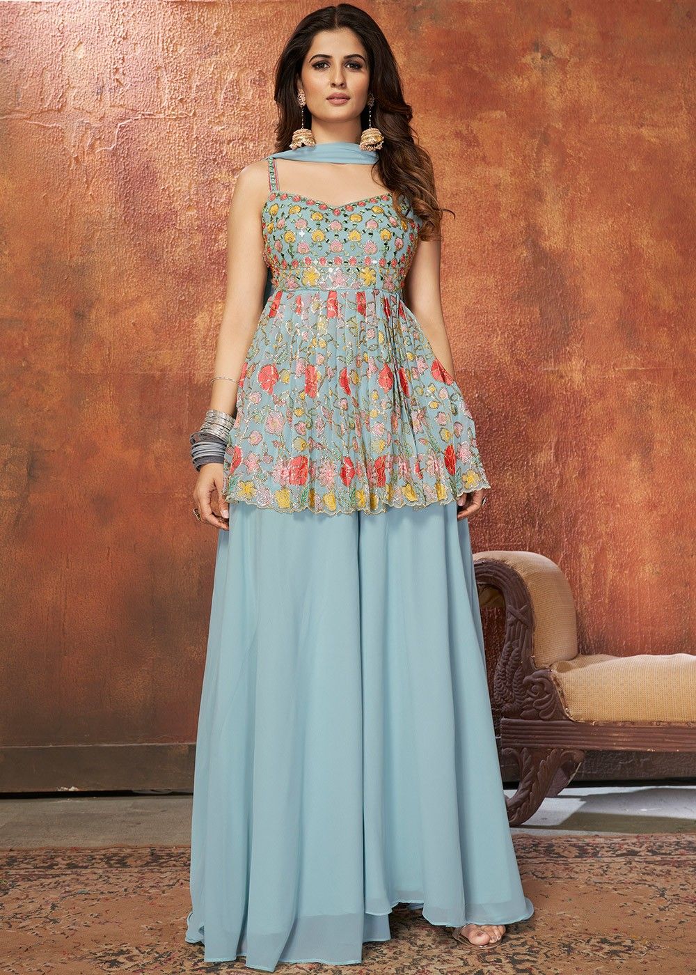 Blue Embroidered Palazzo Style Readymade Suit 4161SL04