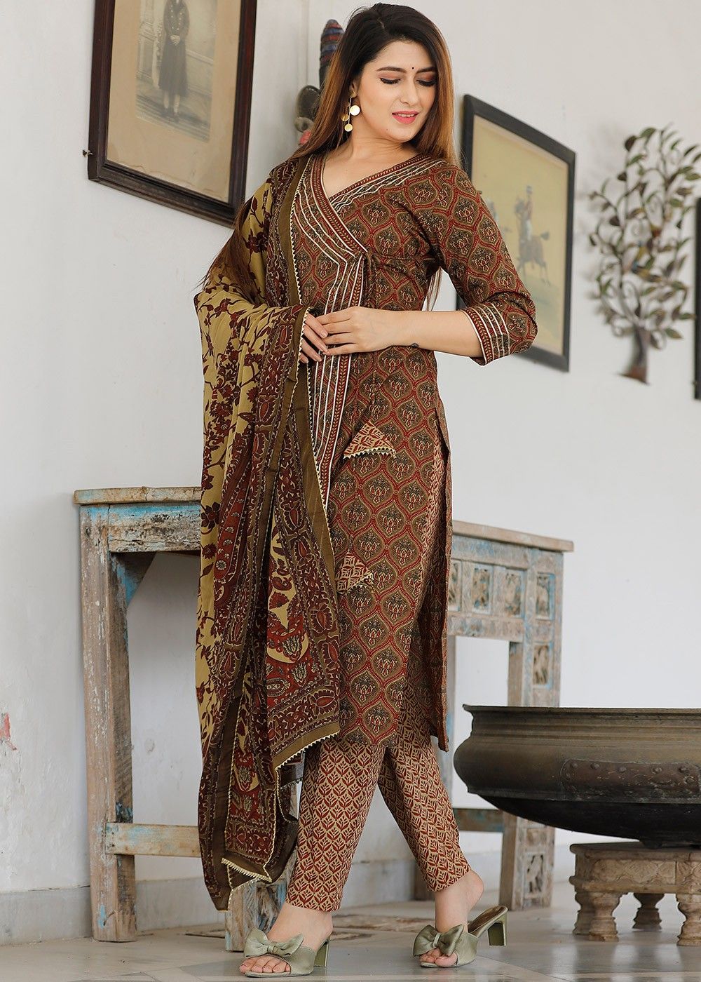 Handwork Cotton Pant Style Suit in Firozi -