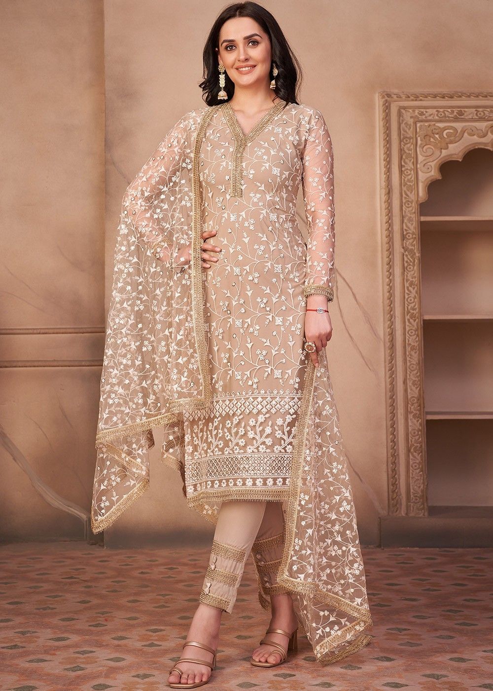 Cream Straight Cut Embroidered Pant Suit