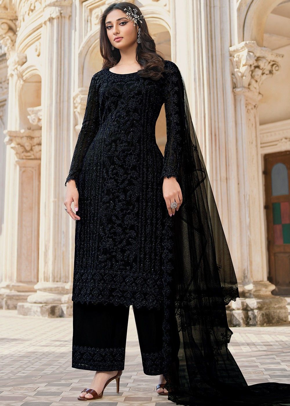 Black Palazzo Style Embroidered Suit With Dupatta 4189SL07