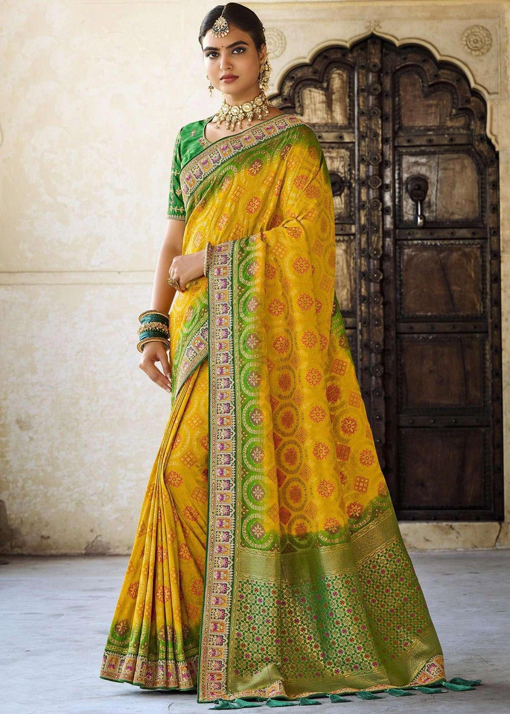 Indian Mustard Weaving Zari Border Bollywood Sari Banarasi Silk Party Wear Saree