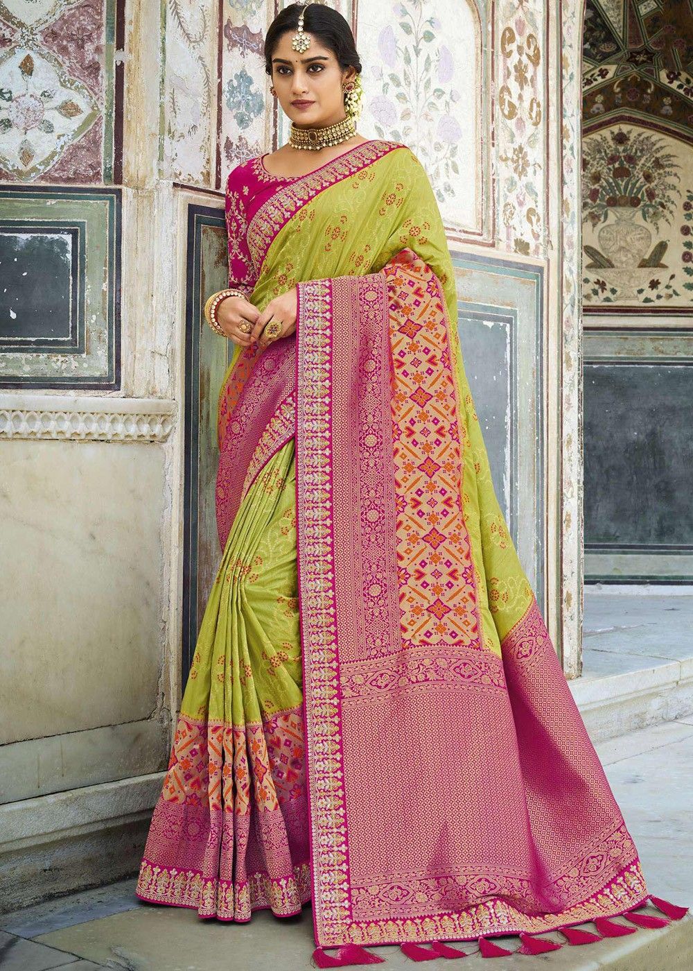 pink and green Checker Design Kanjivaram Silk Saree banarasi saree jacquard  saree