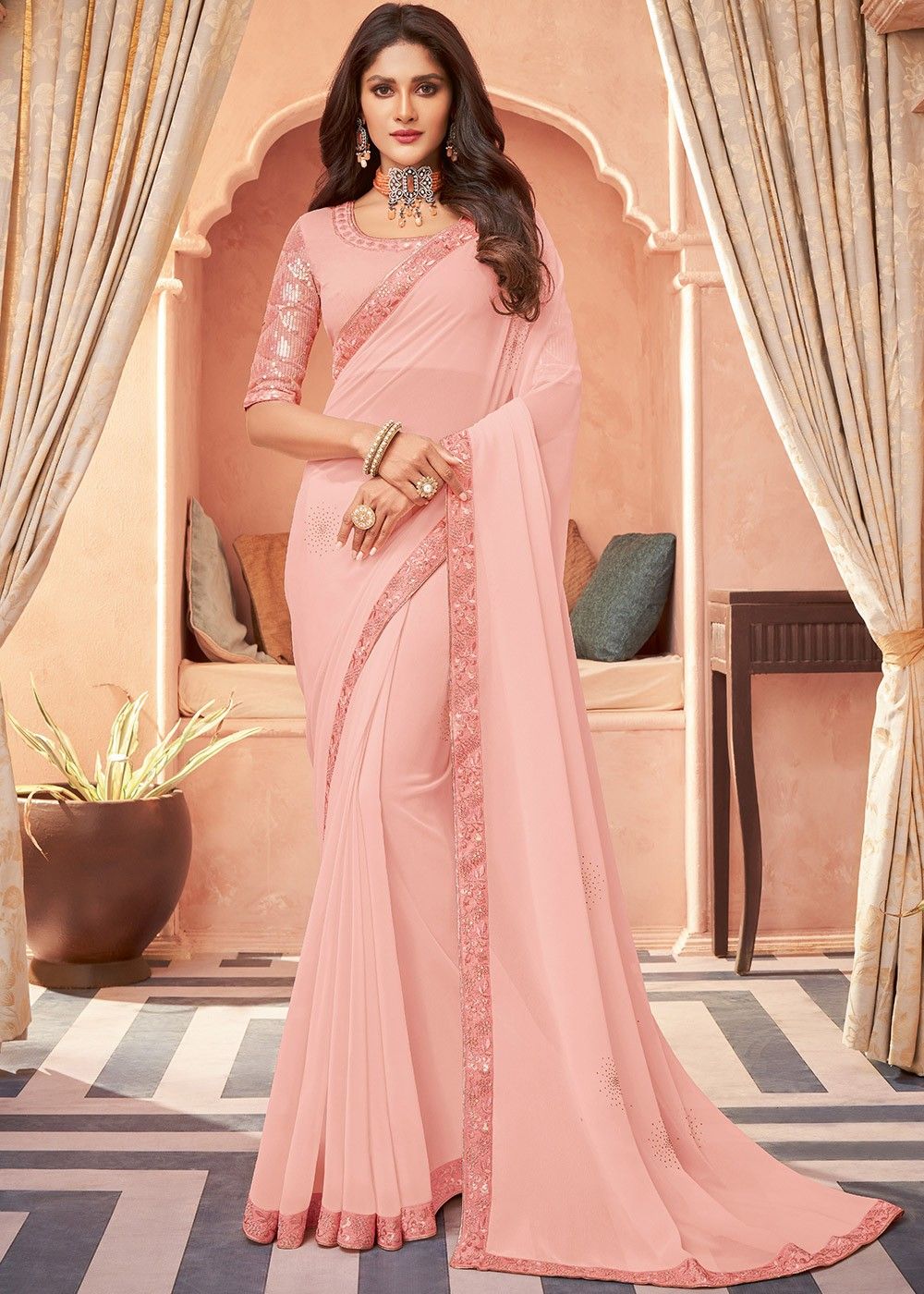 Peach Linen Saree With Blouse 272932