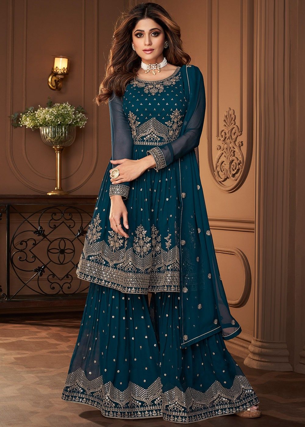 Readymade Blue Flared Gharara Suit In Zari Embroidery Latest 4205SL03