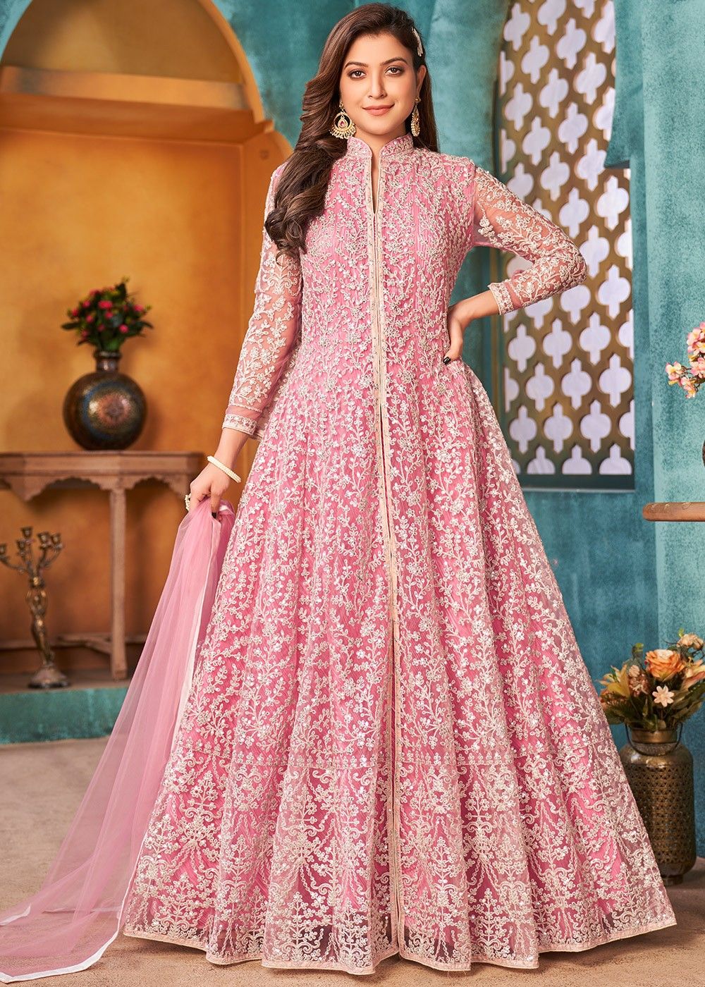 Pink Net Embroidered Anarkali Suit With Dupatta 3581SL01