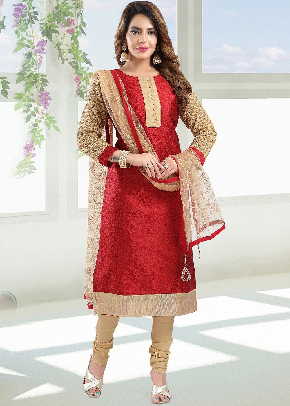 Burgundy material chudidhar set with embroidered silk cotton top