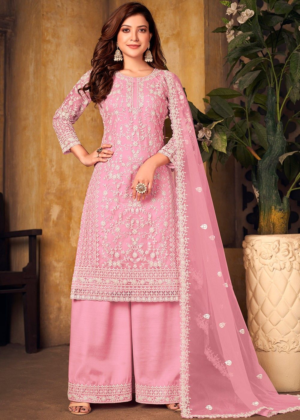 Pink Embroidered Net Palazzo Suit With Dupatta 4266SL01