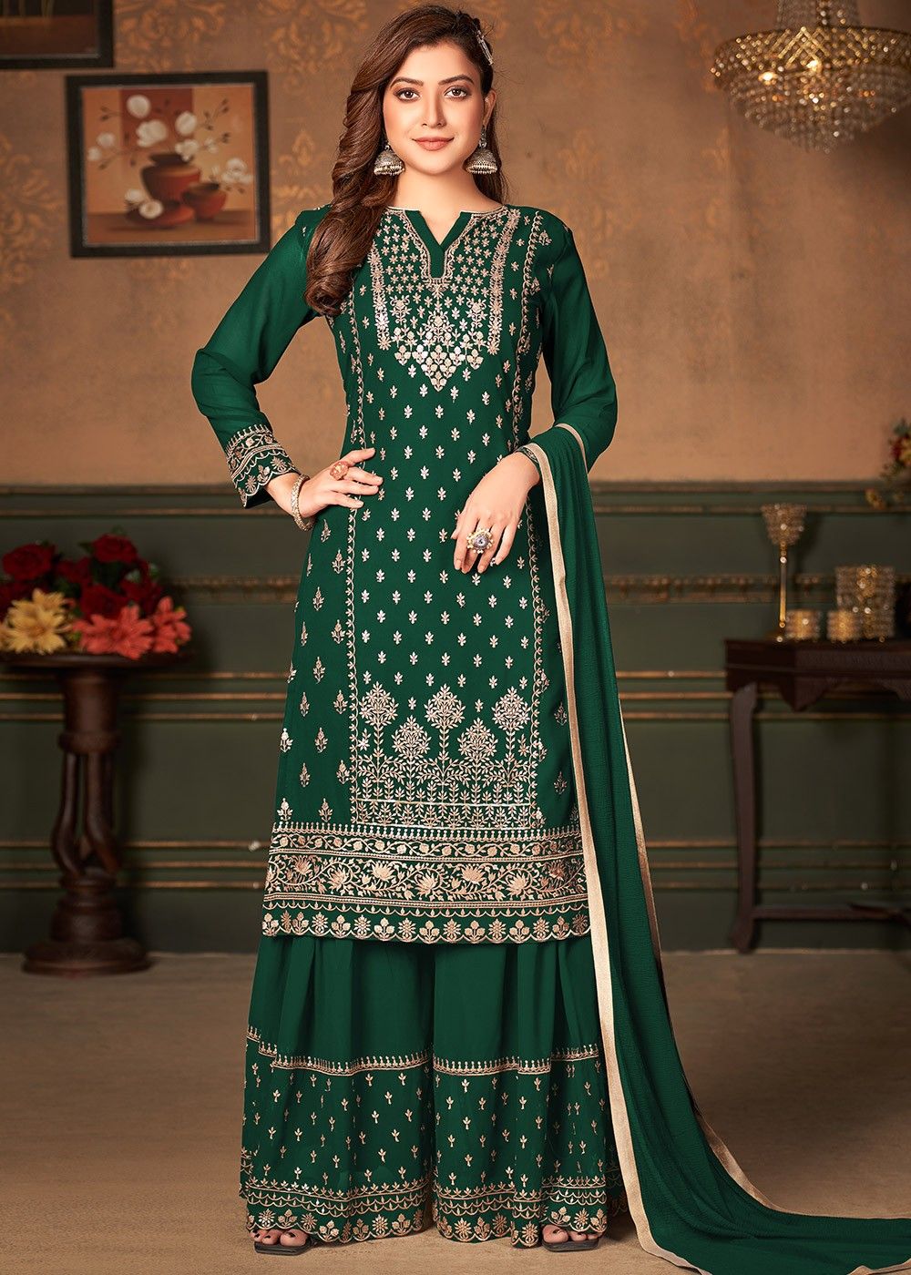 Green Sequins Embroidered Pakistani Sharara Suit 4277sl01