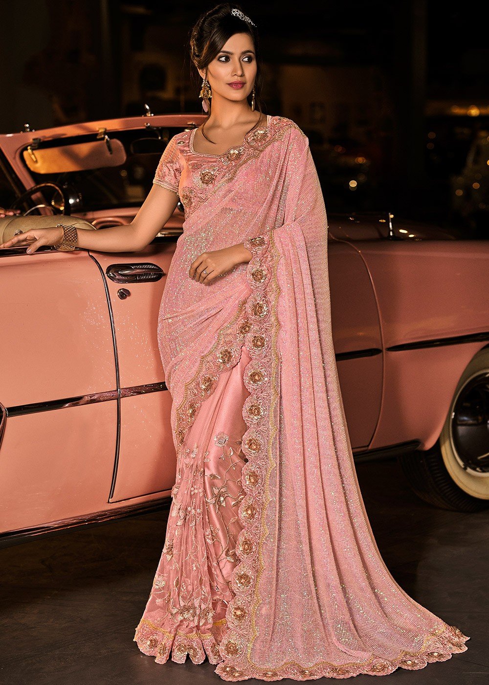 Buy Party Wear Light Pink Lycra Sequins Work Readymade Saree
