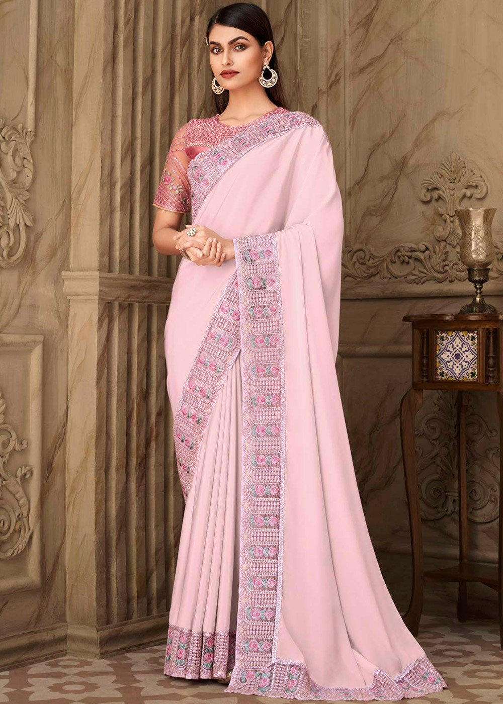 Pink Georgette Fancy Party Wear Saree With Designer Blouse –