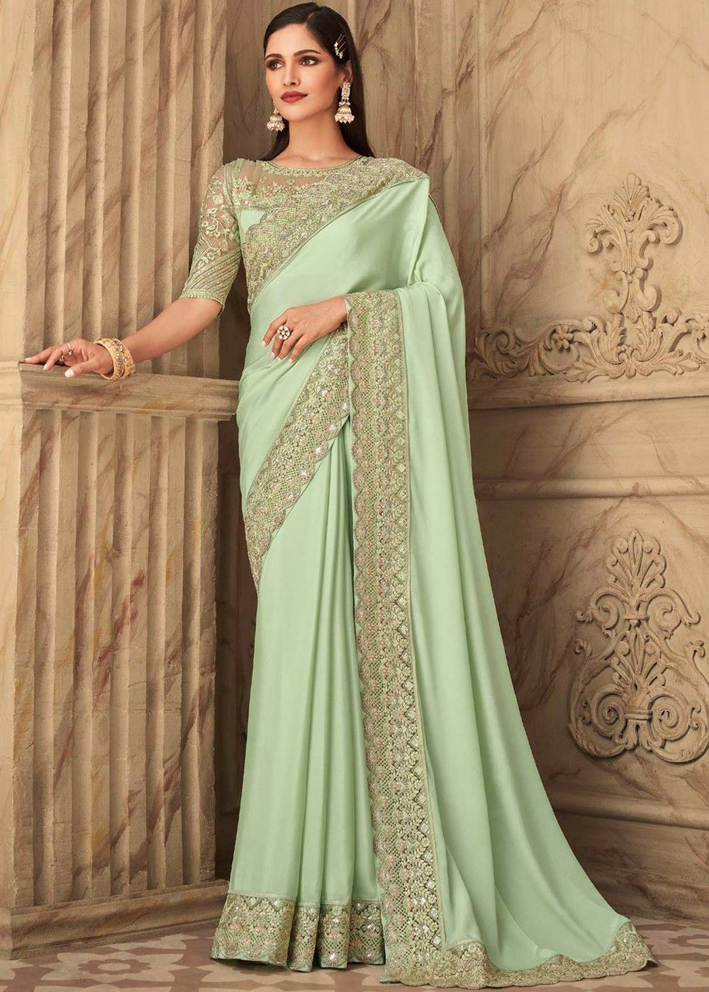 Green Embroidered Cocktail Saree With ...