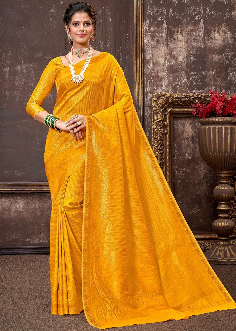 CM - Yellow weaving silk Saree - Silk Sarees - Sarees - Indian
