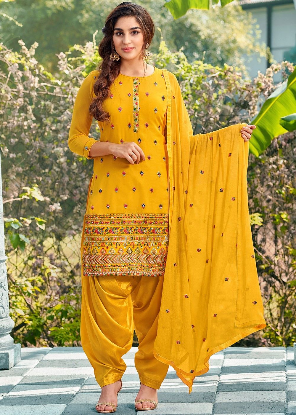 Yellow Sequins Embroidered Punjabi Suit With Dupatta Latest 4355SL02