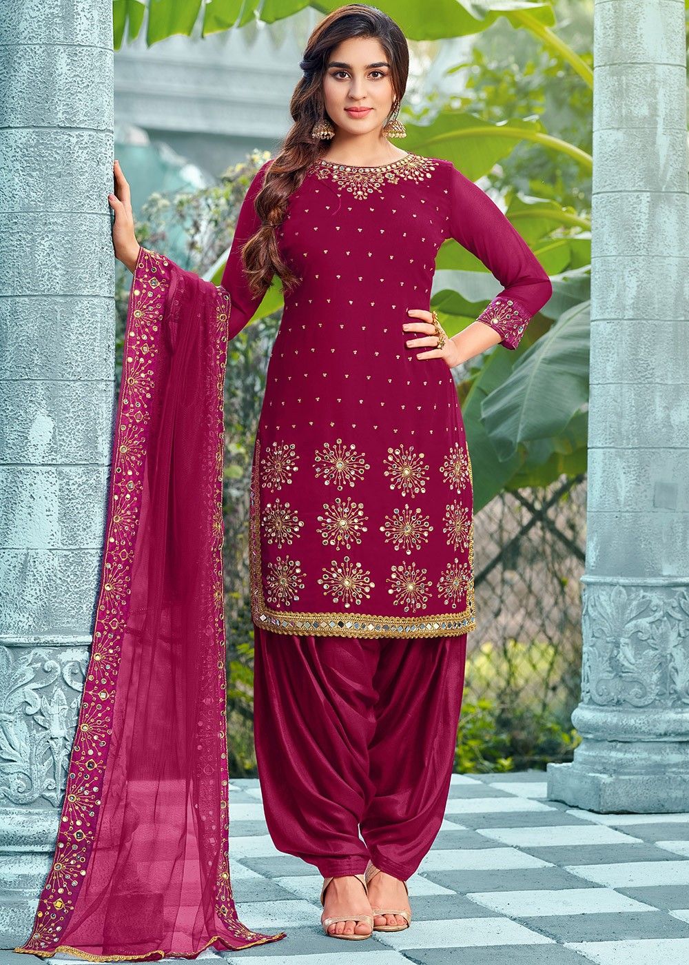 Magenta Mirror Work Punjabi Suit With Dupatta 4355SL03