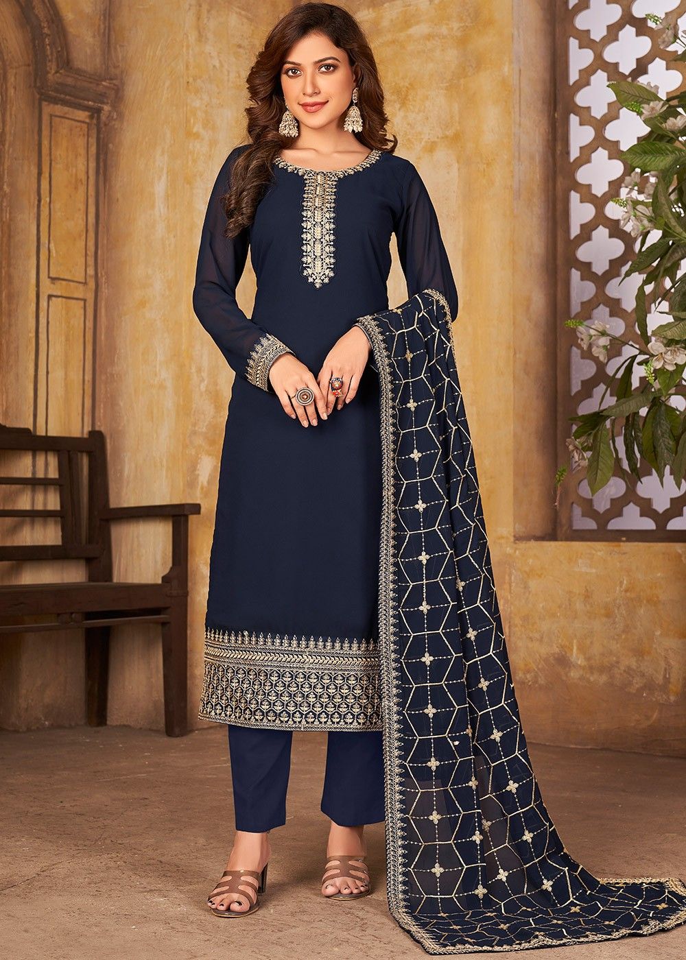 Blue Dori Embroidered Salwar Suit In Georgette 4356SL03