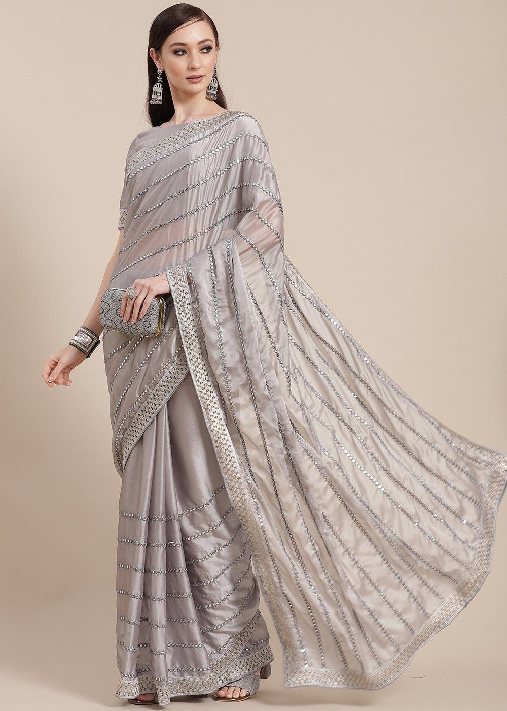 Grey Georgette Sequinned Saree With Full Sleeves Blouse With Feather D –  Fabilicious Fashion