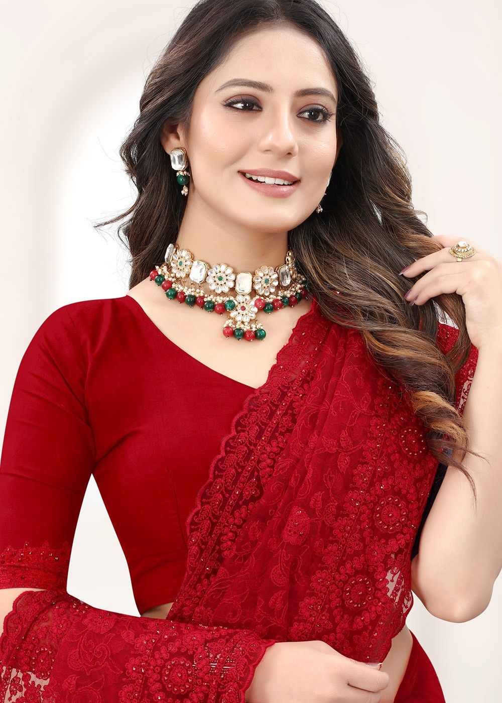 Red Net Saree With Resham Embroidery 4358SR02