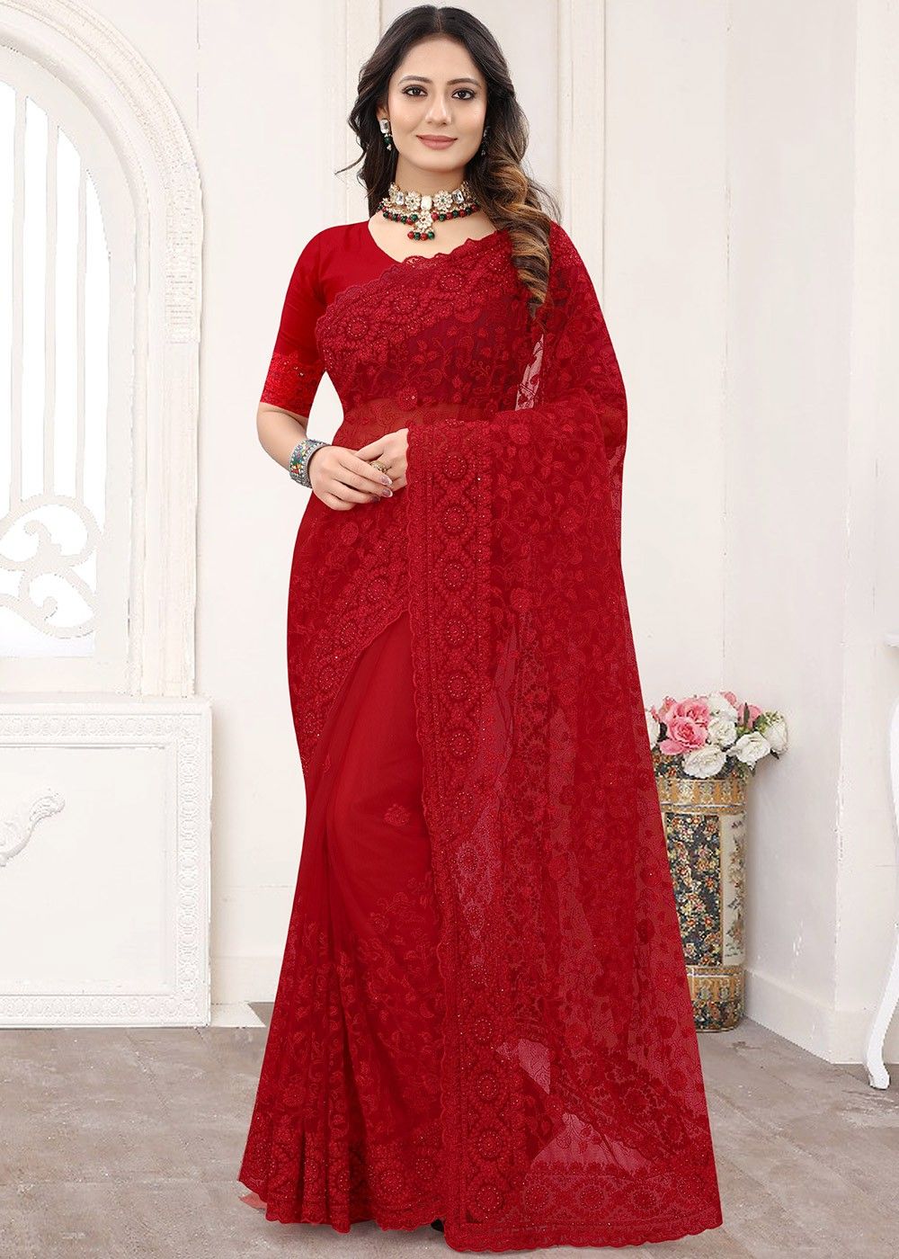 RED TRENDY NET SAREE WITH ALL OVER EMBROIDERD AND STONE ...