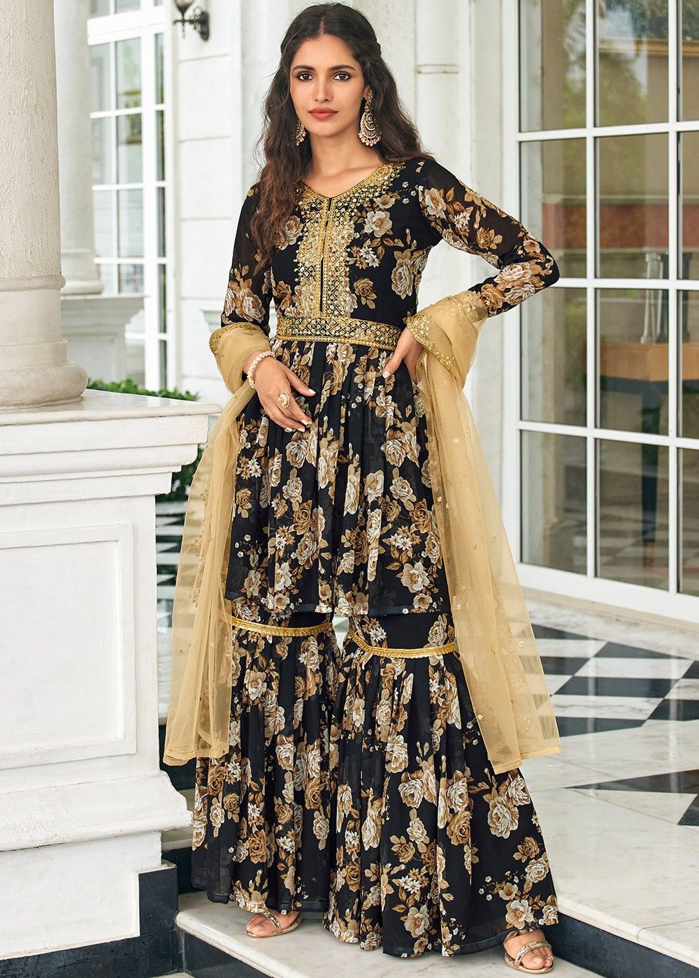 Black Embroidered Pakistani Gharara Suit In Georgette 4373SL04