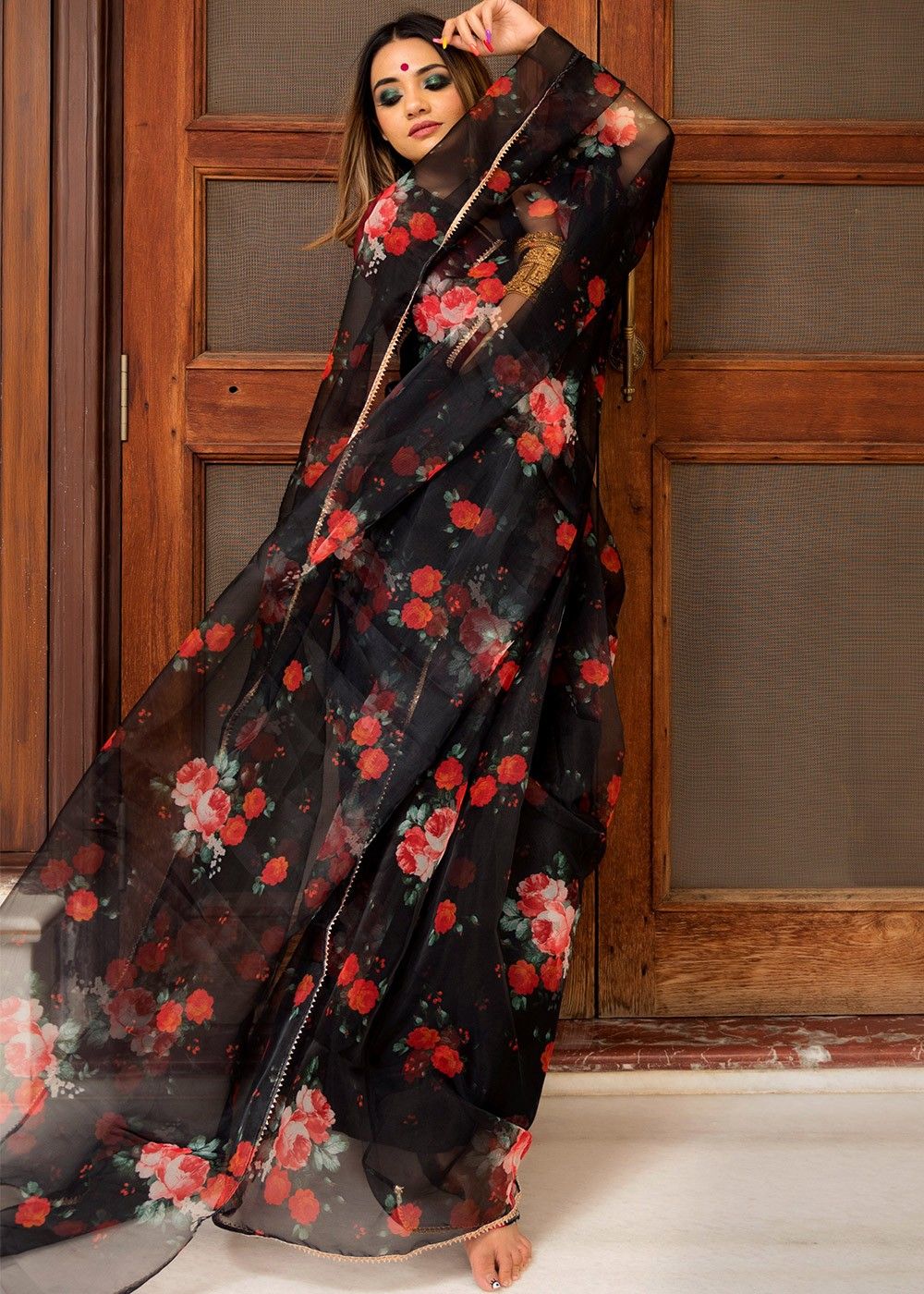 wedding saree indian saree sari designer saree black saree saree dress Pure Orgenza with digital print saree and blouse for women