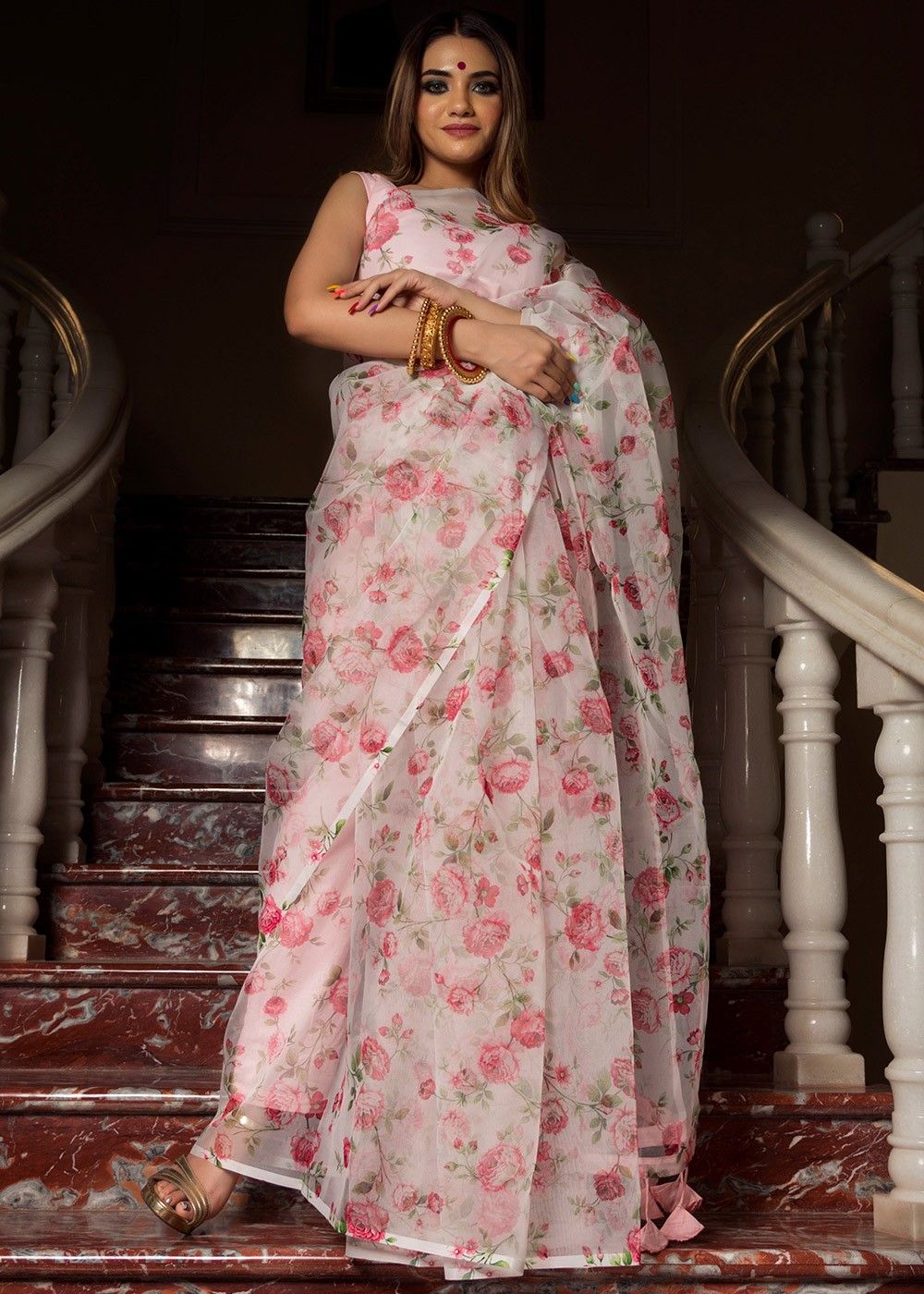 Floral Design Beige & White Multithread Silk Kantha Saree – Craftyle