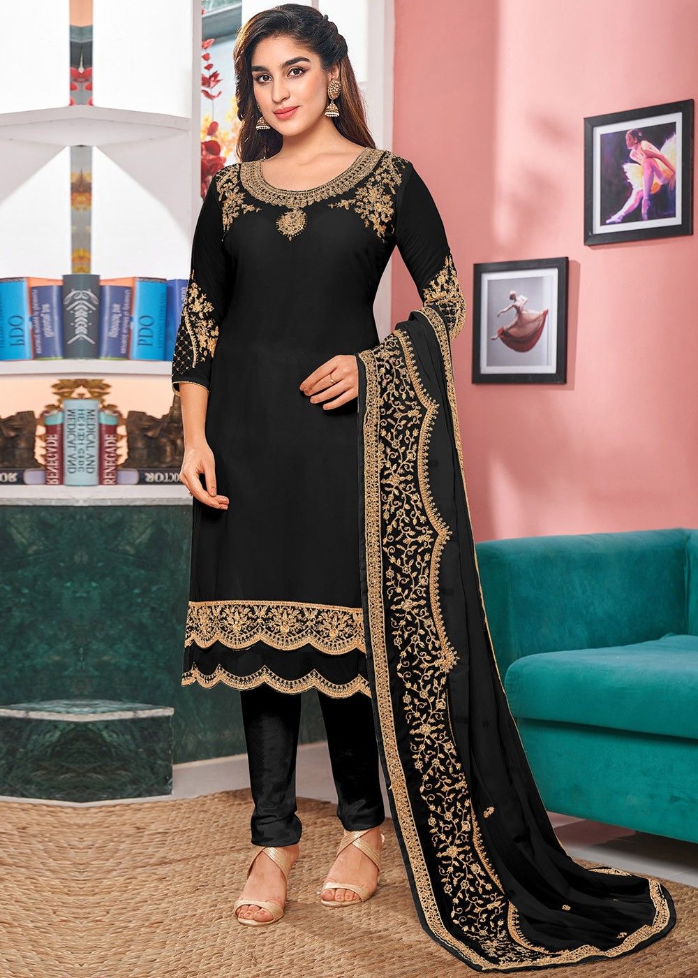 Black Embroidered Pant Style Suit In Georgette 4382SL02