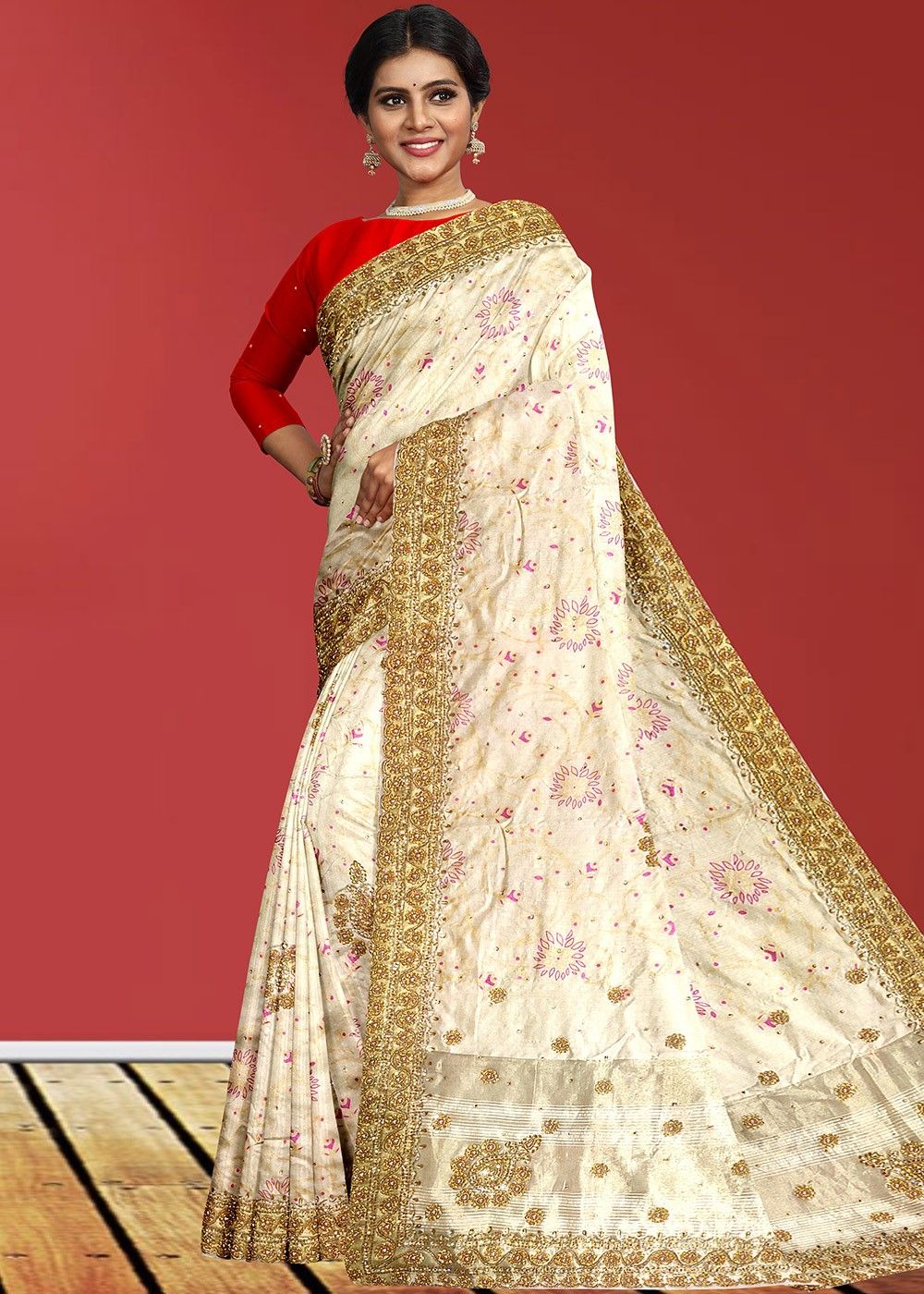 Buy Cream Banarasi Silk Saree With Silk Blouse Online - SARV04011 | Andaaz  Fashion