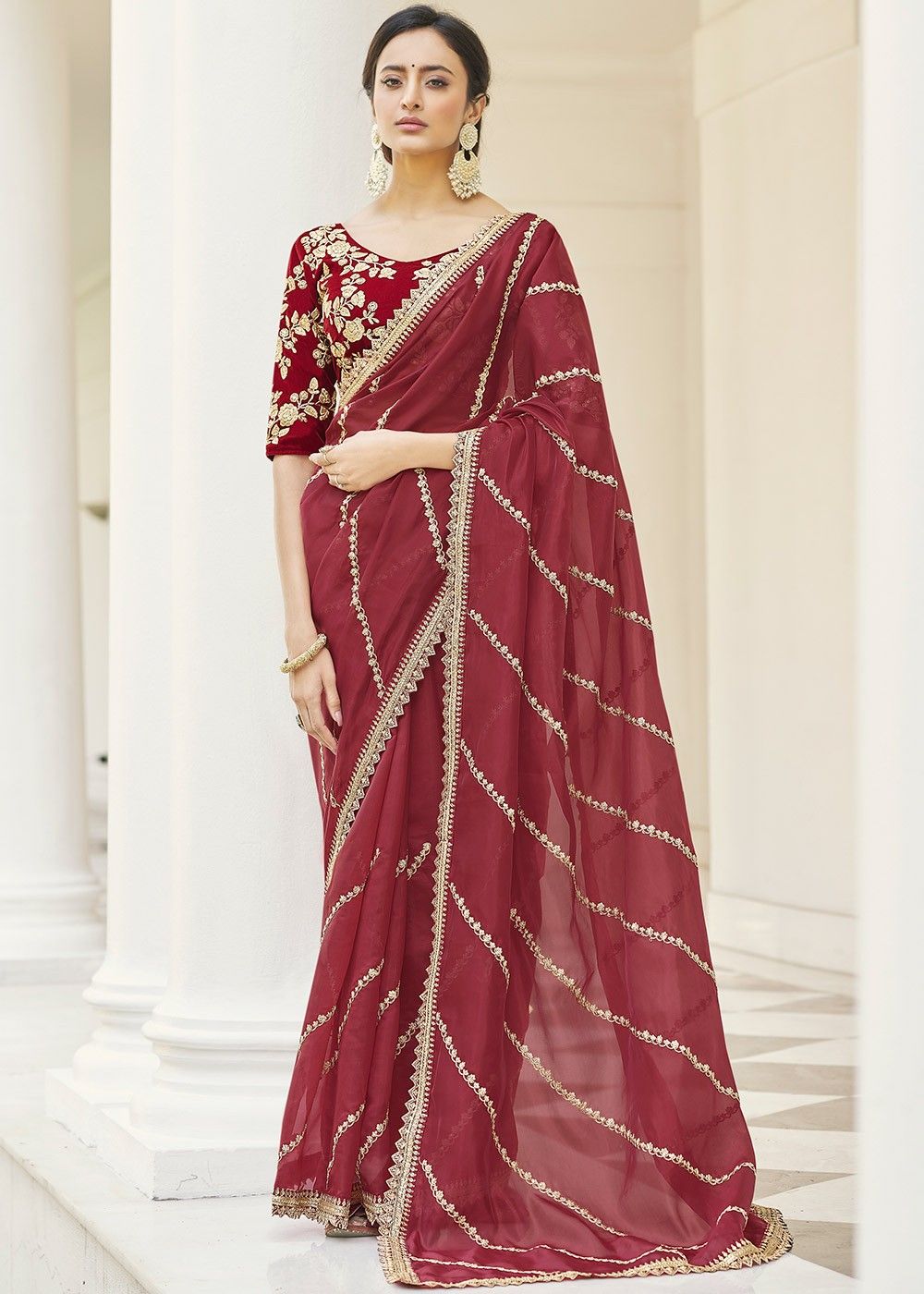 Buy Attractive Maroon Embroidered Cotton Traditional Saree - Zeel Clothing