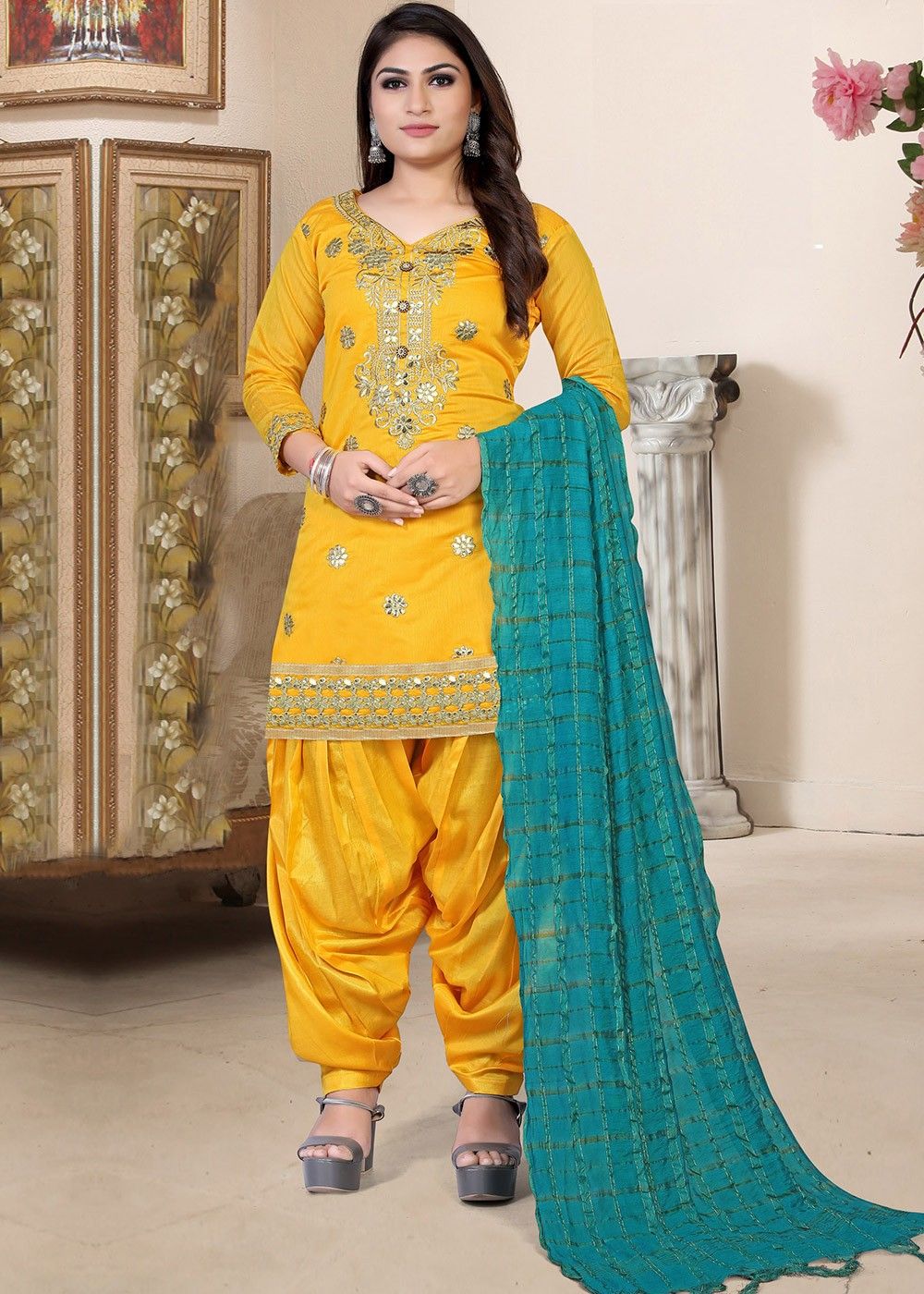 Yellow Gotta Embroidered Punjabi Suit In Chanderi 4411SL03