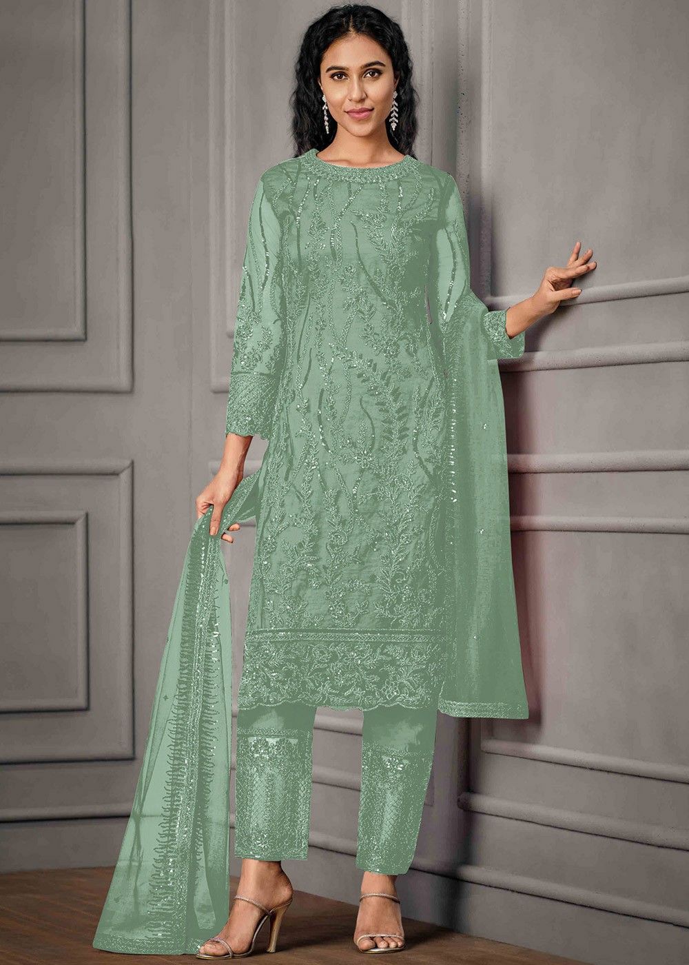 Green Straight Cut Pant Suit With Embroidery 4422SL05
