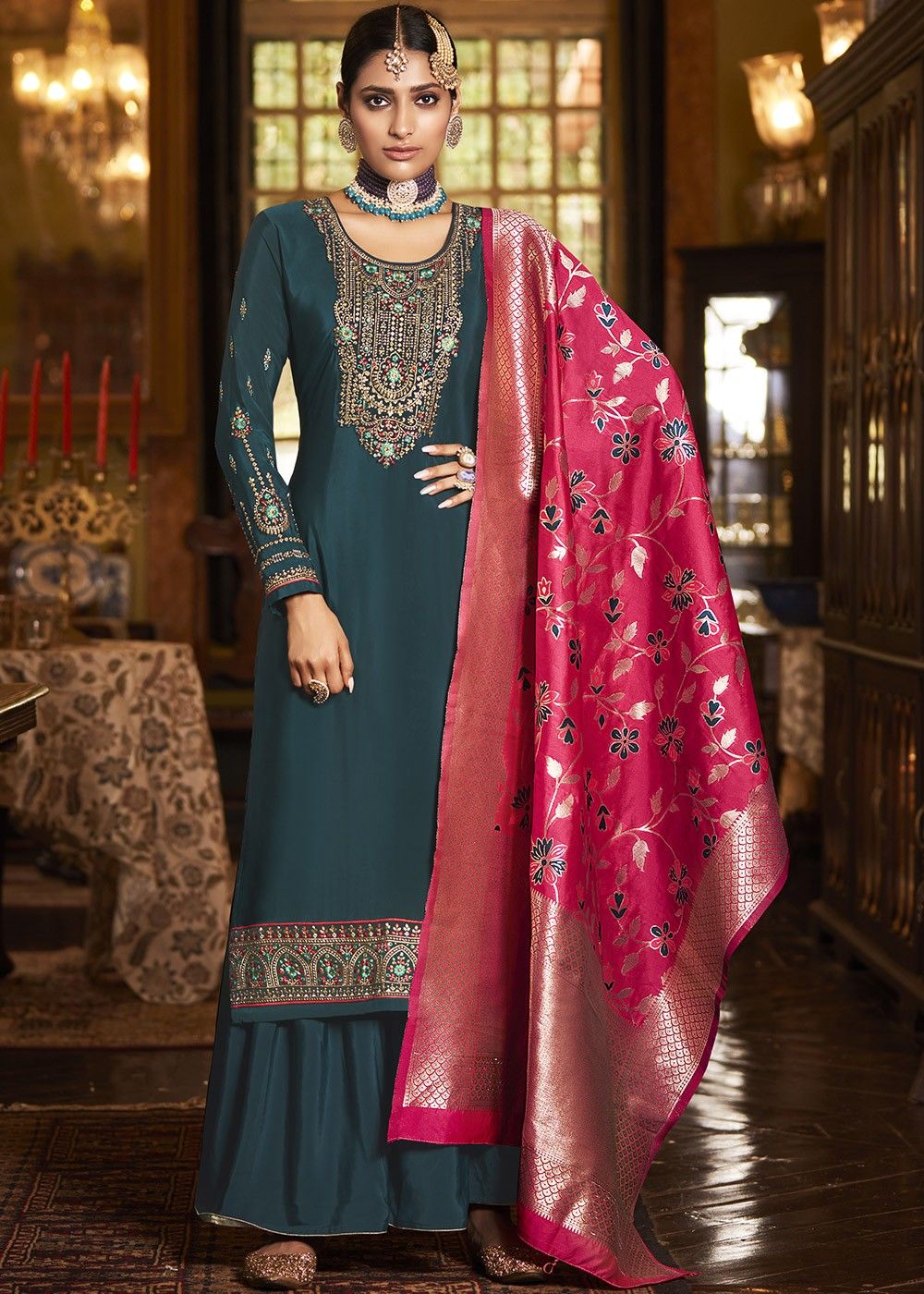 Women's Look Stunning With Peacock Blue Color Bridal Sharara Suit