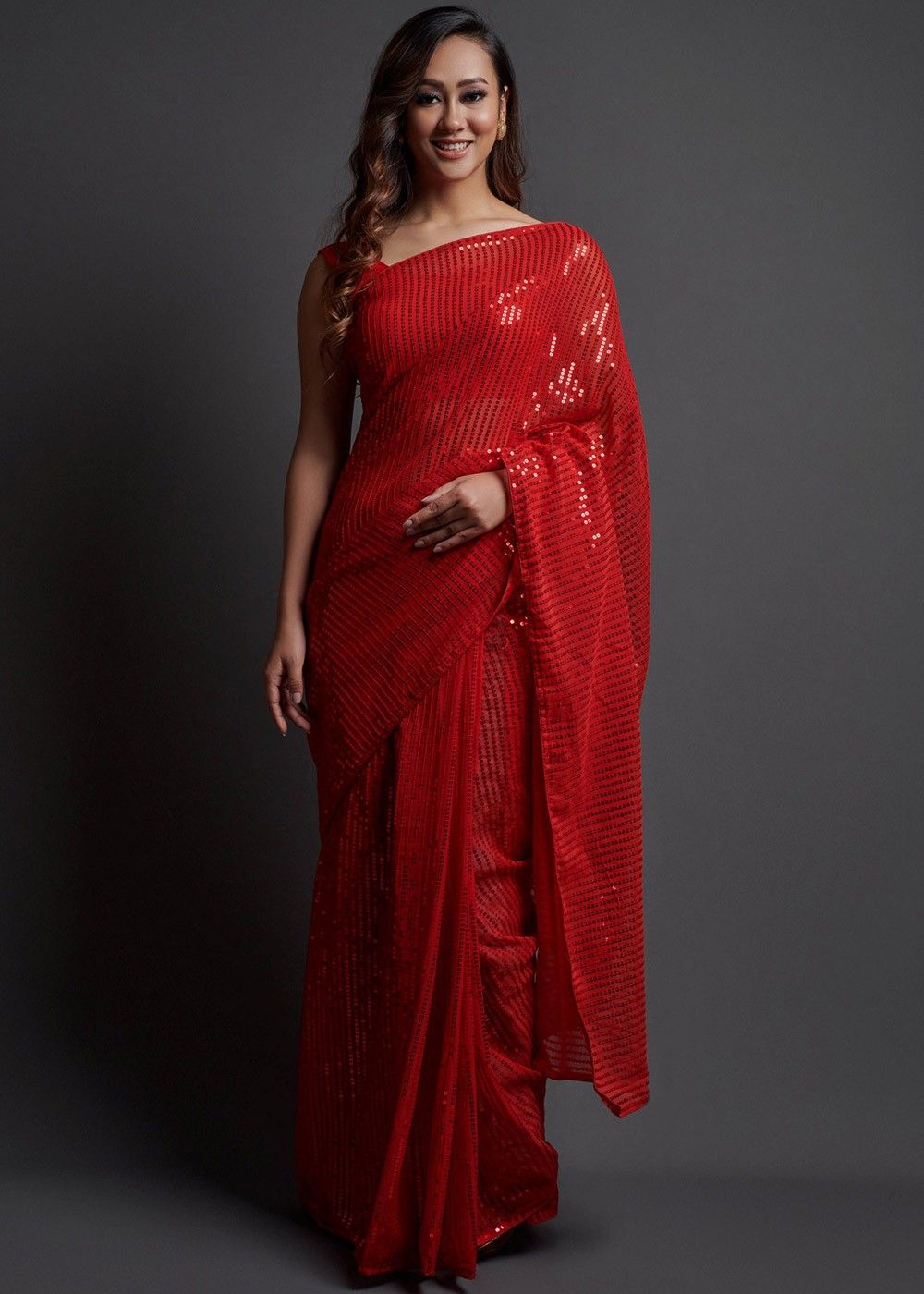 Sequins Embroidered Party Wear Red Saree In Georgette 4454SR05