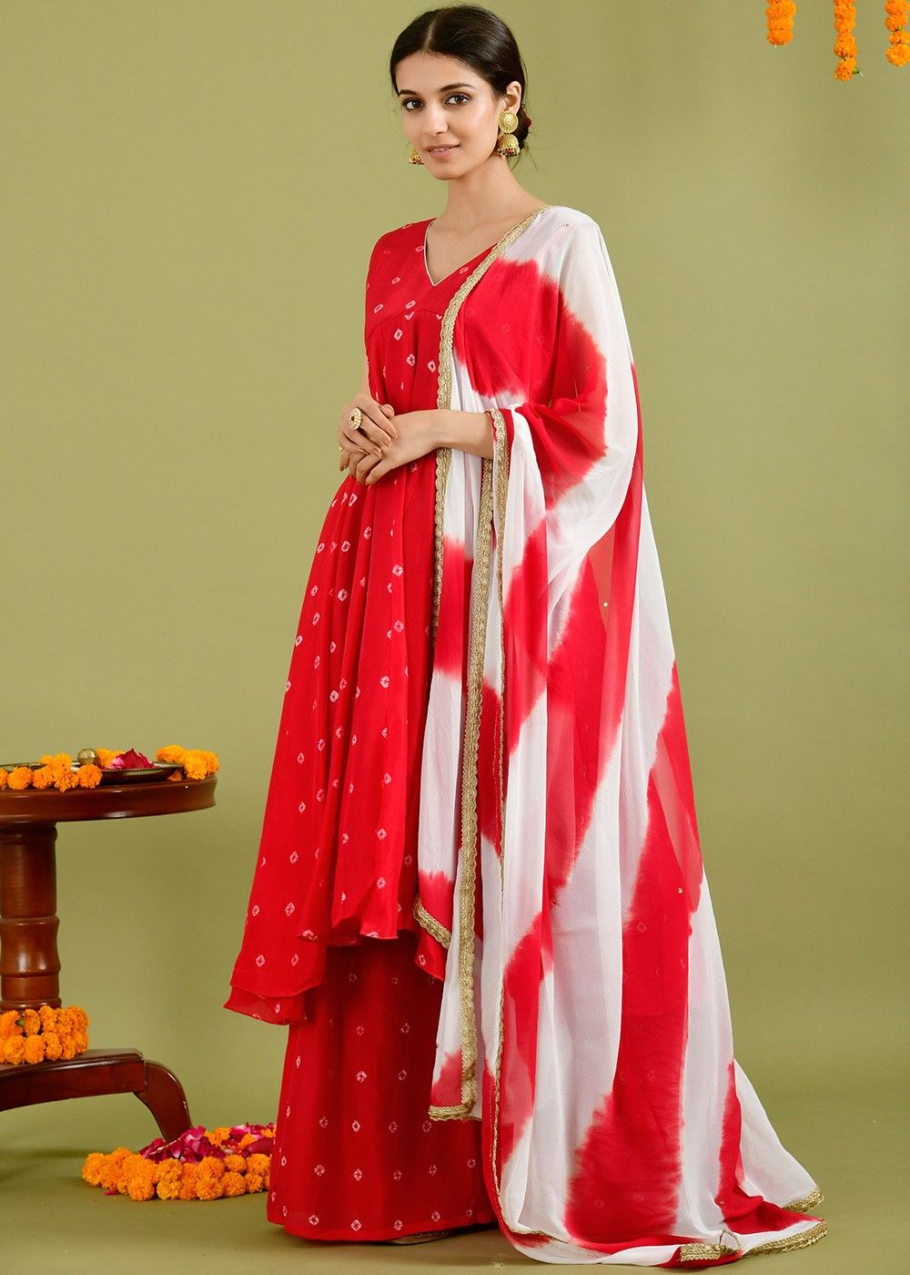 Rose Red Straight Cut Palazzo Suit With Bandhani Print And Gotta Work On  The Yoke And A Lehariya Dupatta