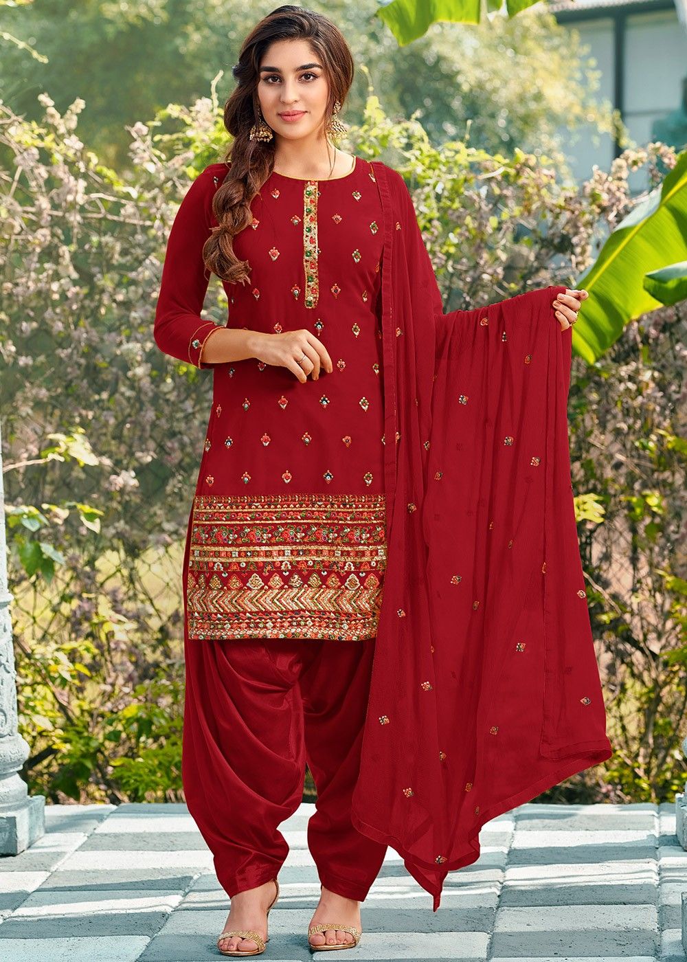 Wedding Dress Cherry Red Patiala Suit with Mirror Work LSTV118778