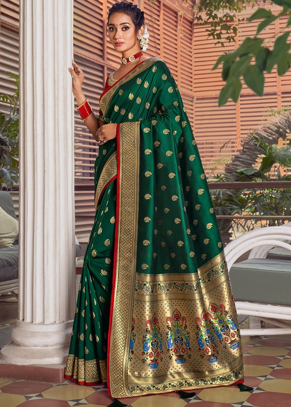 Pure Silk Kadiyal Paithani Saree (Range-4) - Dark Green