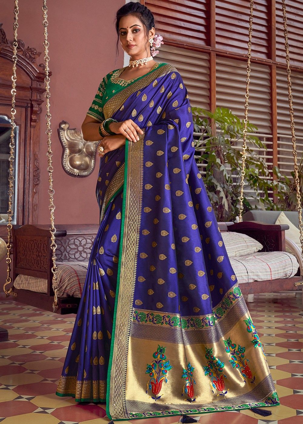 Traditional blue peacock border silk paithani saree – OnlyPaithani