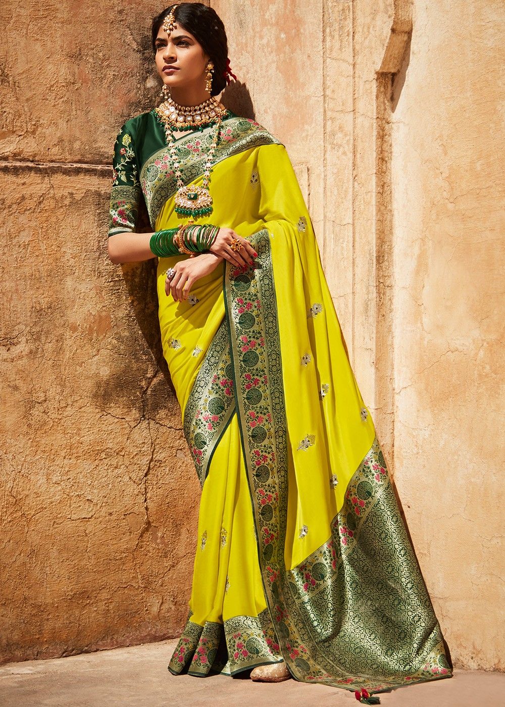 Yellow Green Patola Silk Saree With Embroidered Blouse | Kolour