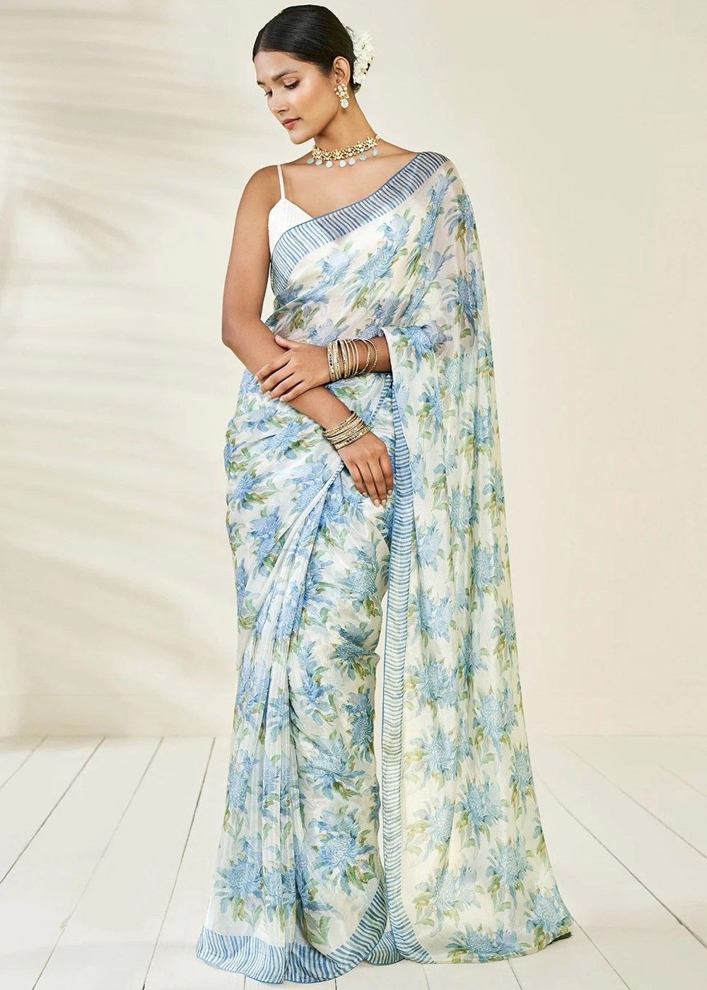 White Floral Printed Party Wear Saree In Chiffon 4564SR09