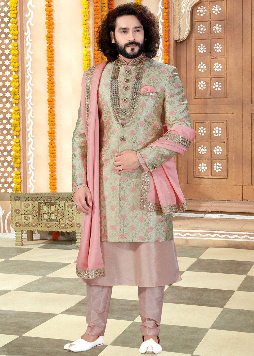 Fashion Outfits Beige Men Sherwani with Woven Work MSTV01523