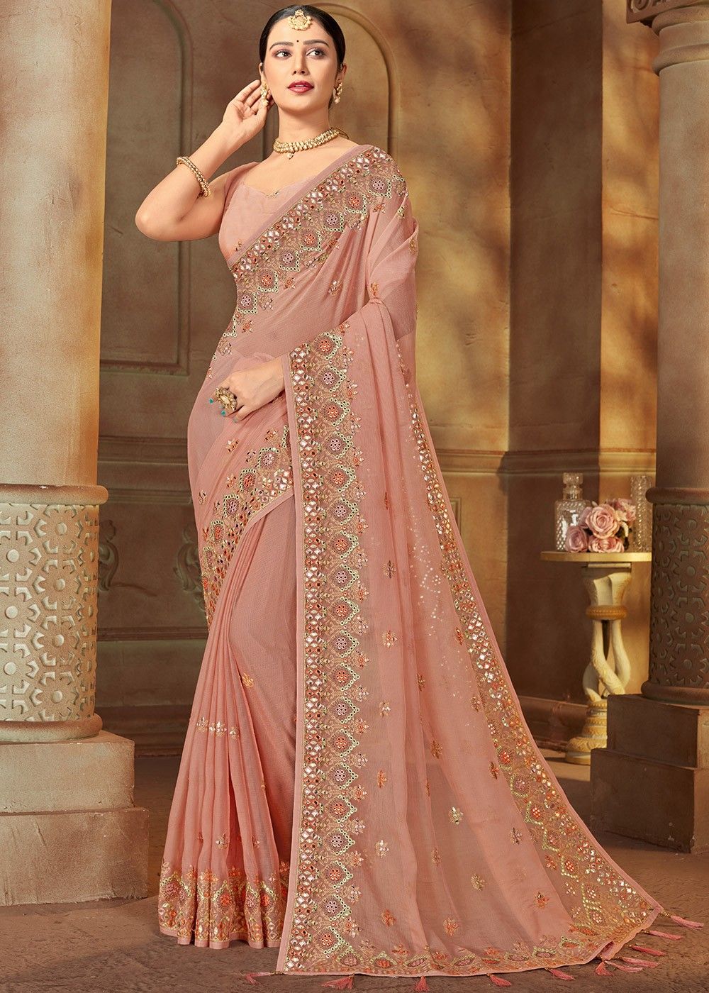 Peach silk saree with blouse 94267