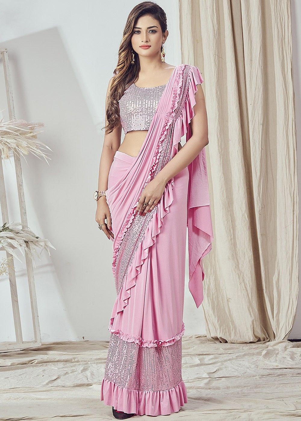 Pink Pre-Stitched Lycra Saree With Sequined Blouse 4619SR06