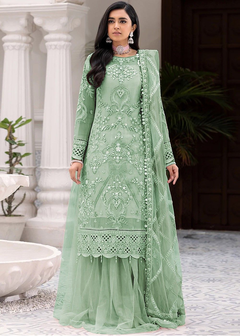 Green Embroidered Palazzo Suit With Dupatta Latest 4632SL02