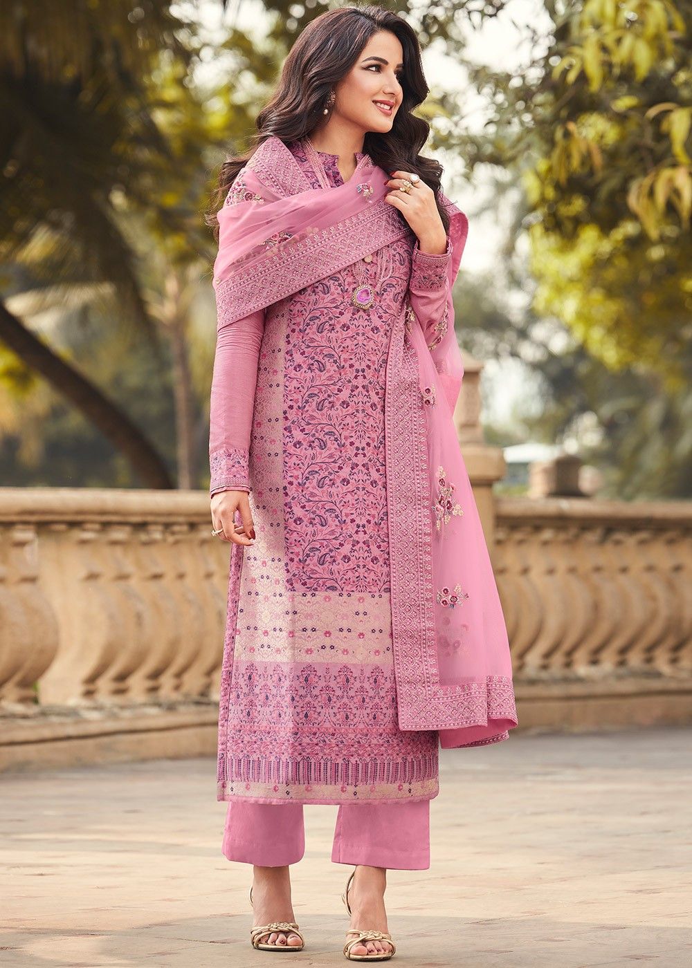 Buy Fancy Pink Chanderi Cotton Pant Style Suit Online 